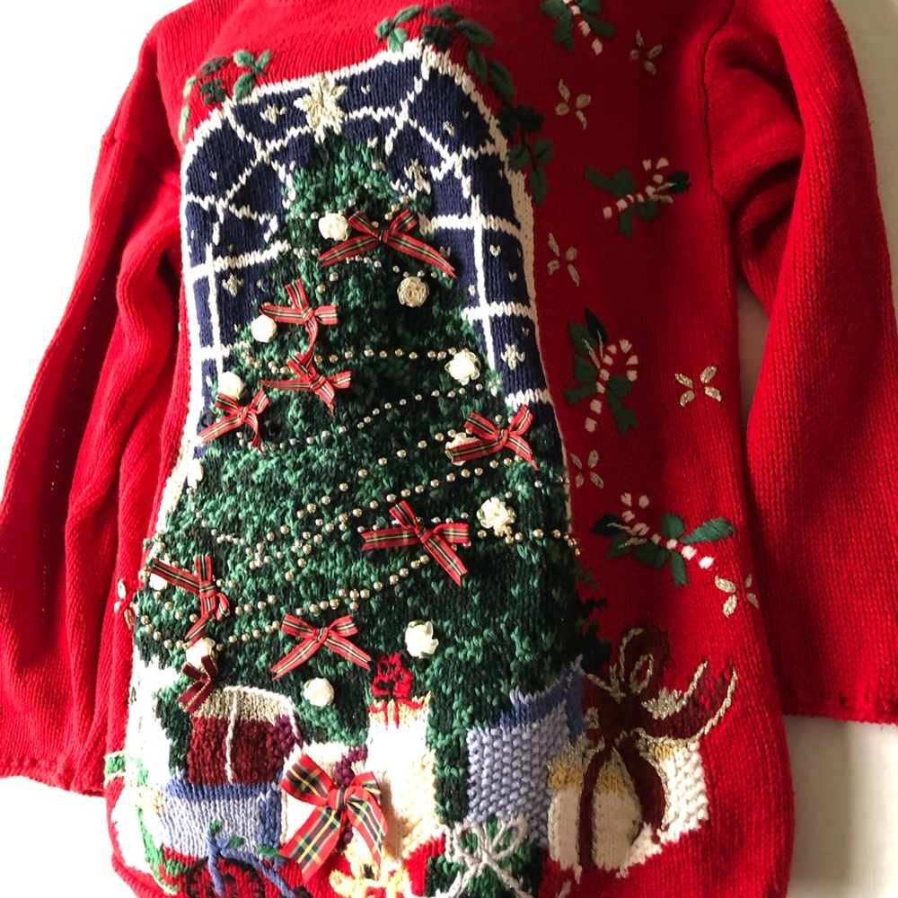 VTG Metropolitan 10001 Red Ugly Christmas Pullover Sweater Rosettes & Ribbons L - Picture 4 of 14